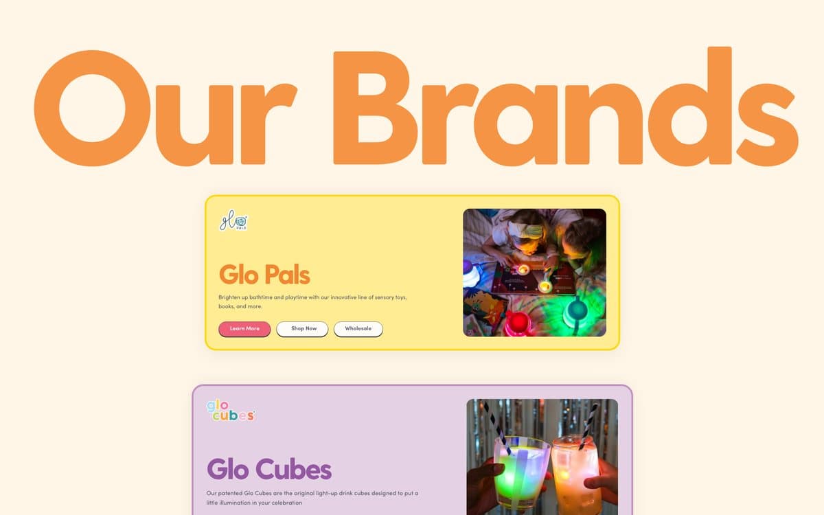 Glo: Our brands: colour-coded cards for each Glo brand